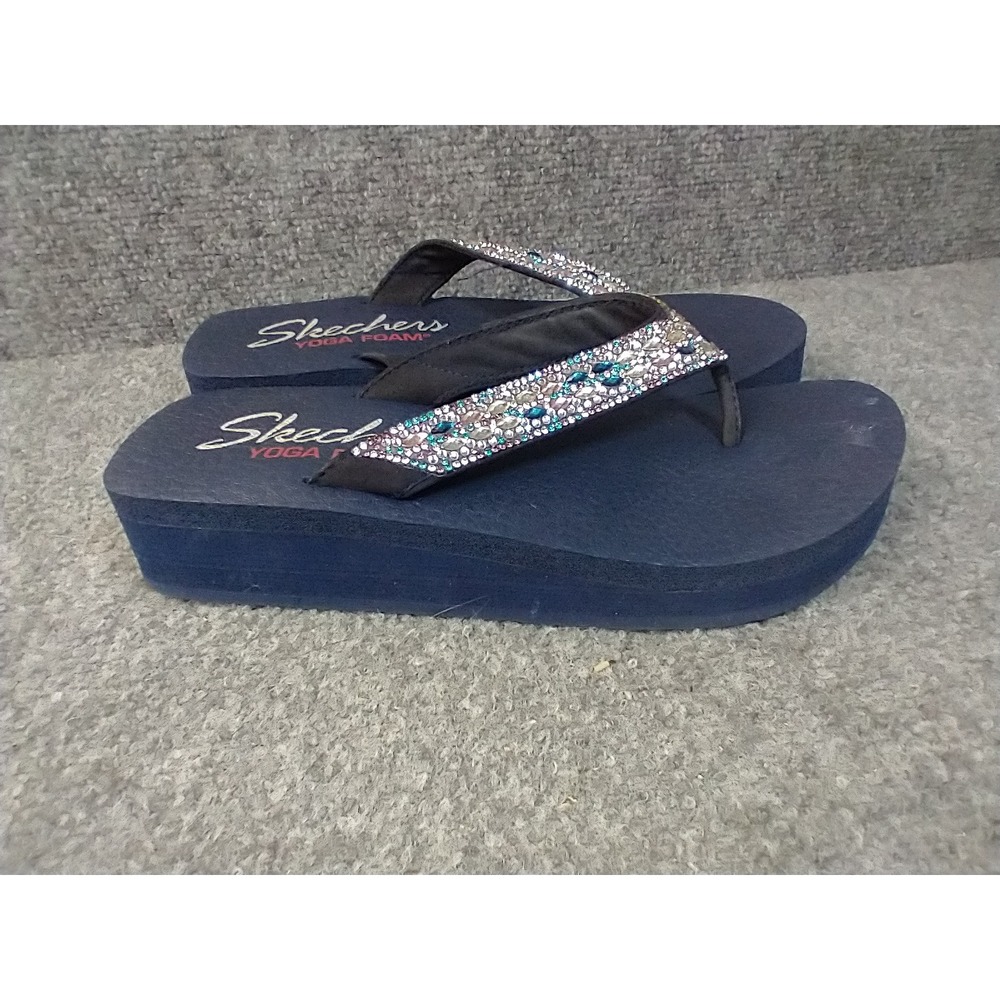 Skechers Yoga Foam Wedge Sandals Women 7 Navy Blue Rhinestone Sparkle Flip Flops